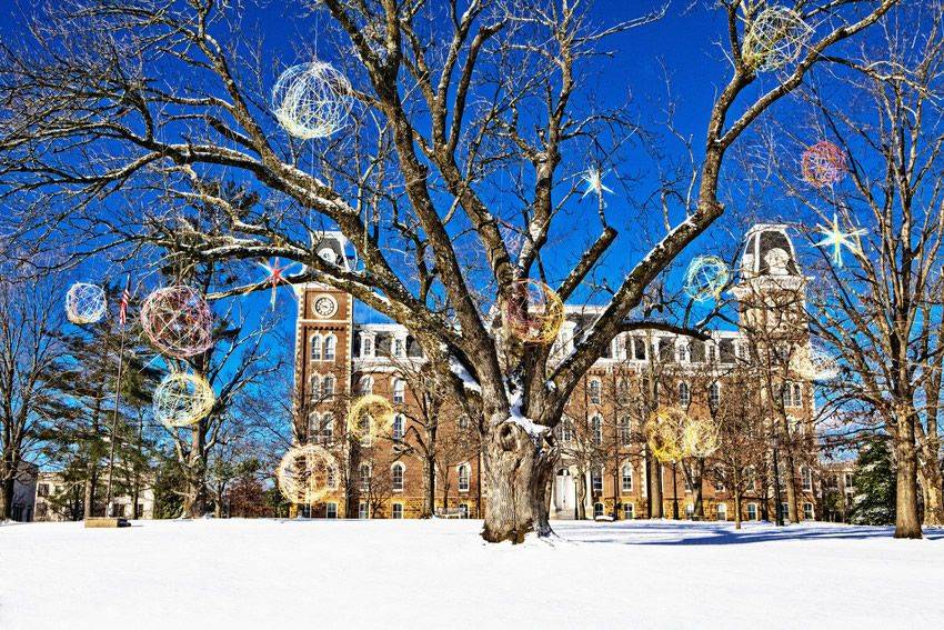 Winter holiday decorations outside Old Main
